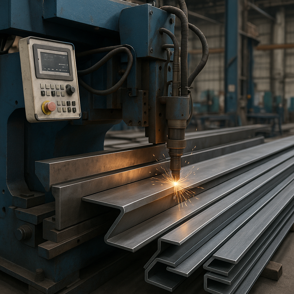 Máquina de corte a laser de aço em operação com faíscas