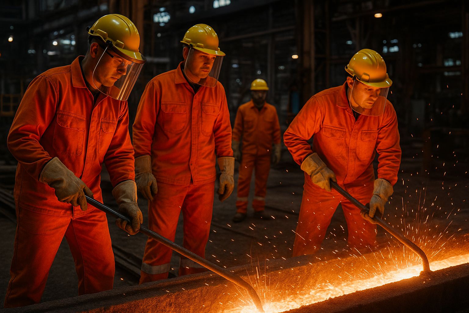 Trabalhadores com EPI inspecionando metal incandescente