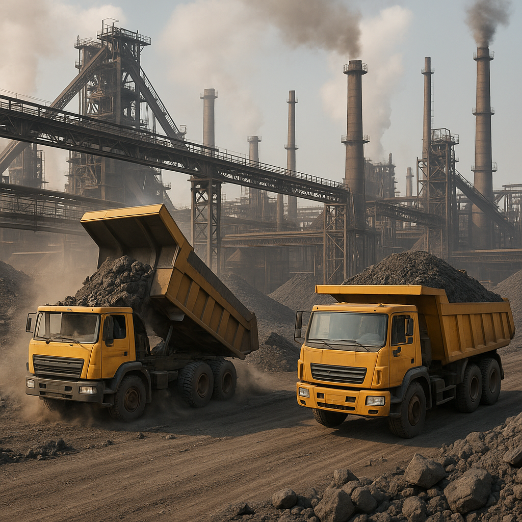Caminhões basculantes em operação em uma siderúrgica