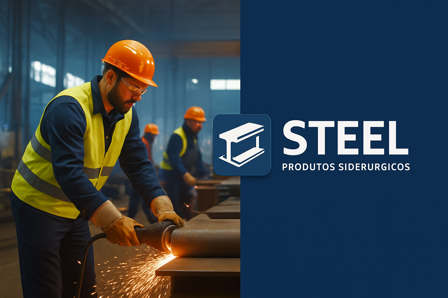 Trabalhador em fábrica de aço com logo STEEL